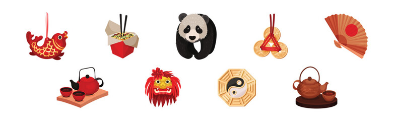 Chinese Culture Symbols with Koi Fish, Panda, Fan, Tea and Mask Vector Set