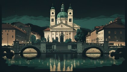 Fototapeta na wymiar Slovenia Ljubljana night . Creative illustration. (Ai Generate)