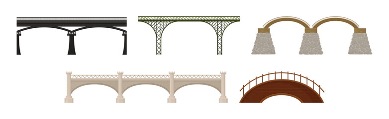 Bridges Made of Metal and Concrete with Baluster Vector Set - obrazy, fototapety, plakaty