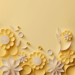 Pastel Yellow Color Background With A Large Empty Space In The Center, Silhouettes Of Beautiful Origami Flowers On The Edges. Generative AI