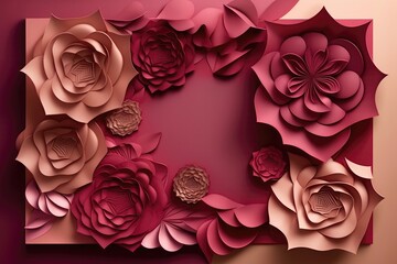 Rose Color Background With A Large Empty Space In The Center, Silhouettes Of Beautiful Origami Flowers On The Edges. Generative AI
