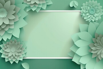 Seafoam Green Color Background With A Large Empty Space In The Center, Silhouettes Of Beautiful Origami Flowers On The Edges. Generative AI