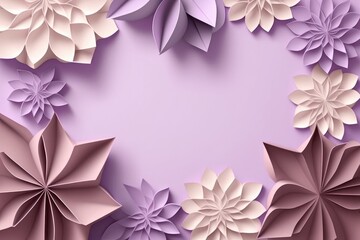 Soft Lilac Background With A Large Empty Space In The Center, Silhouettes Of Beautiful Origami Flowers On The Edges. Generative AI