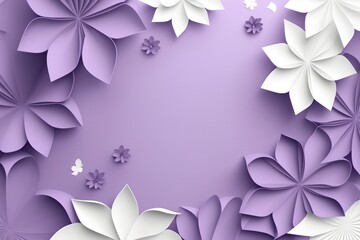 Soft Lavender Color Background With A Large Empty Space In The Center, Silhouettes Of Beautiful Origami Flowers On The Edges. Generative AI