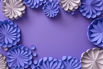 Periwinkle Color Background With A Large Empty Space In The Center, Silhouettes Of Beautiful Origami Flowers On The Edges. Generative AI