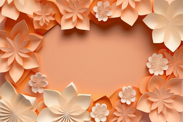 Peach Color Background With A Large Empty Space In The Center, Silhouettes Of Beautiful Origami Flowers On The Edges. Generative AI