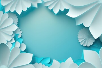 Sky Blue Color Background With A Large Empty Space In The Center, Silhouettes Of Beautiful Origami Flowers On The Edges. Generative AI