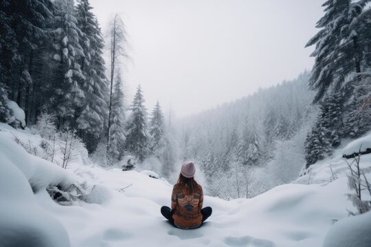 Woman Sitting Back In Lotus Pose In A Snow. Generative AI