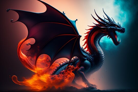 Illustration of a black winged dragon spewing flames created with Generative AI technology