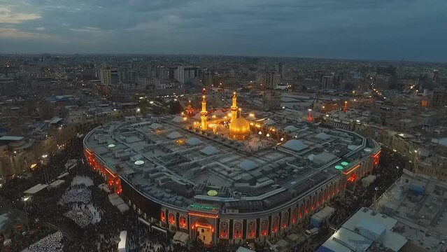 Karbala, Iraq - Shrine of Shia Imam Hussain and his faithful companions martyred in the battle of Karbala (night aerial view)