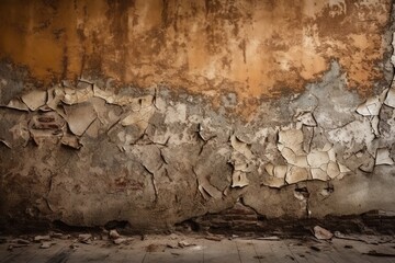  an old wall with peeling paint and a wooden floor in a room.  generative ai