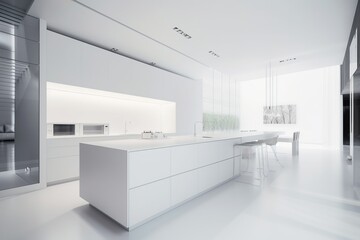 Moder, luxury, white kitchen, minimalist design, cabinet with sink, induction cooktop, cupboard, 3D