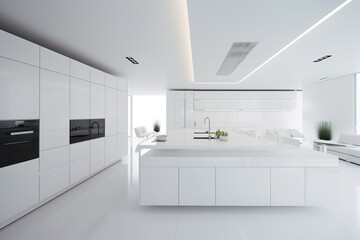 Fototapeta na wymiar Moder, luxury, white kitchen, minimalist design, cabinet with sink, induction cooktop, cupboard, 3D