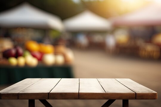 Empty Product Display Table with a Famers Market Background (Generative AI)