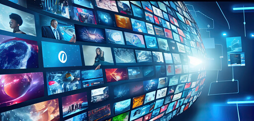 Digital contents concept. Social networking service. Streaming video. NFT. Non-fungible token. Wide angle visual for banners or advertisements.