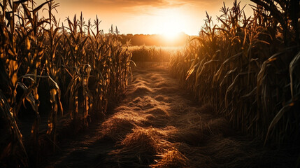 cornfield in a sunset orange scene