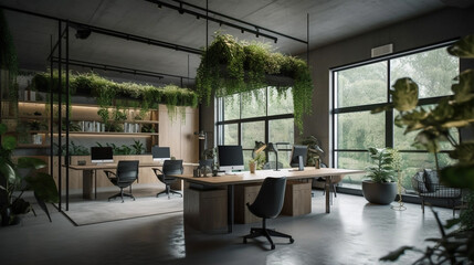 Fototapeta na wymiar concrete office with alot of plants