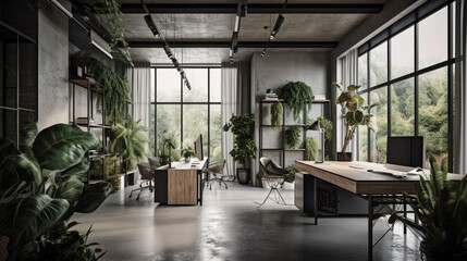 Fototapeta na wymiar concrete office with alot of plants