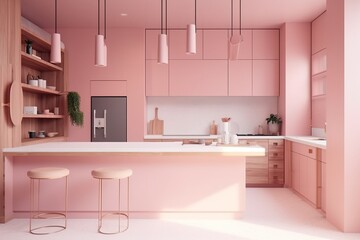 Modern, luxury pink kitchen with cabinet and sink, induction cooktop, cupboard, refrigerator, plant on marble tile, product background 3D