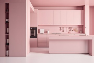 Fototapeta na wymiar Modern, luxury pink kitchen with cabinet and sink, induction cooktop, cupboard, refrigerator, plant on marble tile, product background 3D