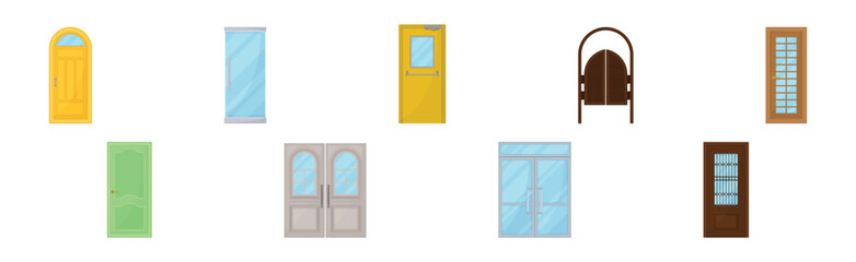 Door as Hinged Movable Barrier Used as Entrance in the Building Vector Set