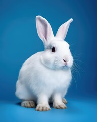 Fototapeta premium white rabbit on blue background, generative AI