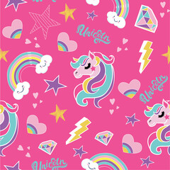 Seamless pattern with unicorn, star, rainbow, hearts, lightning, brilliant. Vector background for kids, textile, fabric, web, wrapping paper and other design.