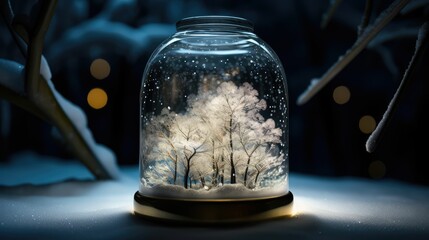 Obraz na płótnie Canvas Picture a surreal photograph of a tiny and isolated snow jungle, captured within a clear bottle of water, almost like a magical terrarium. The image showcases the beauty of snow-covered, generative AI