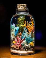 Picture an eye-catching photograph of a beautiful and colorful ocean-themed diorama captured inside a small bottle of water. The image showcases a variety of marine life, including, generative AI