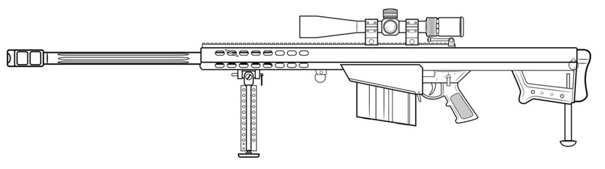 Vector illustration of the Barret M82 semi-automatic anti-materiel rifle with scope on the white background. Left side. - obrazy, fototapety, plakaty