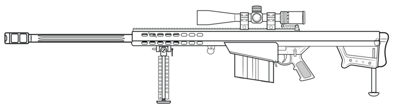 Vector illustration of the Barret M82 semi-automatic anti-materiel rifle with scope on the white background. Left side.