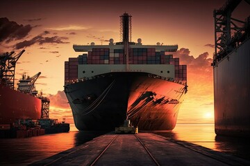 Container ship being unloaded at sunset. View from the shipping dock. Generative AI