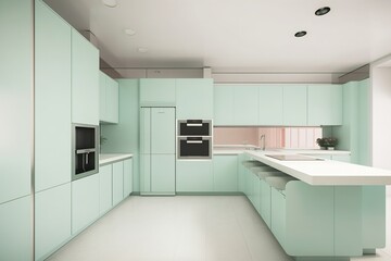 Clean pastel Kitchen, modern, luxury, green with pink combination, product background 3D