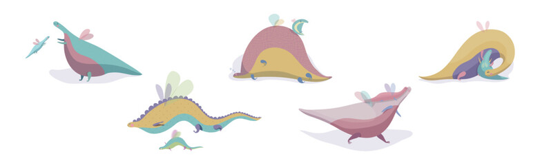 Fairy Dragon with Small Wings Playing with Its Cub Vector Set