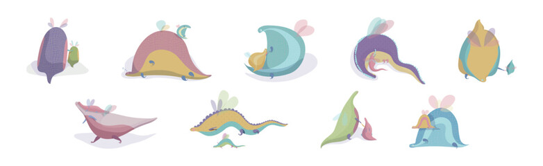 Fairy Dragon with Small Wings Playing with Its Cub Vector Set