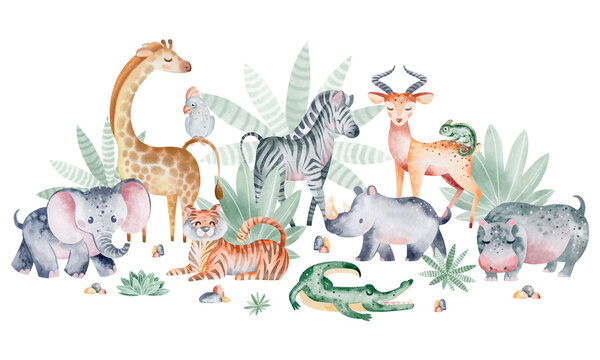 Animals of Africa watercolor illustration. Children's illustration of animals on a white background. Hand drawn.