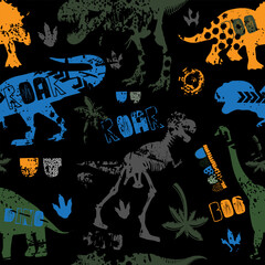 Seamless grunge pattern with dinosaurs. Abstract background for kids, textile, fabric, clothes, wrapping paper, web and other.