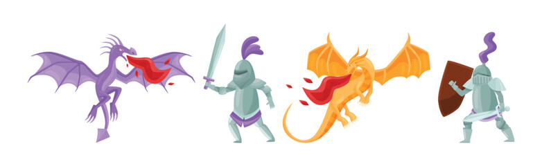 Brave Medieval Knight in Armored Suit Holding Sword Fighting with Fire Breathing Dragon Vector Set