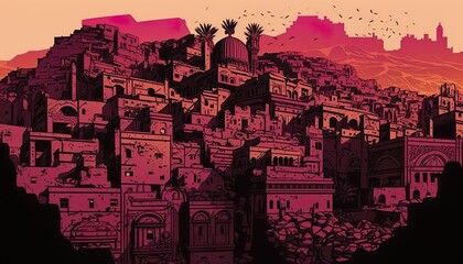 Yemen Sanaa cityscape . Creative illustration. (Ai Generate)