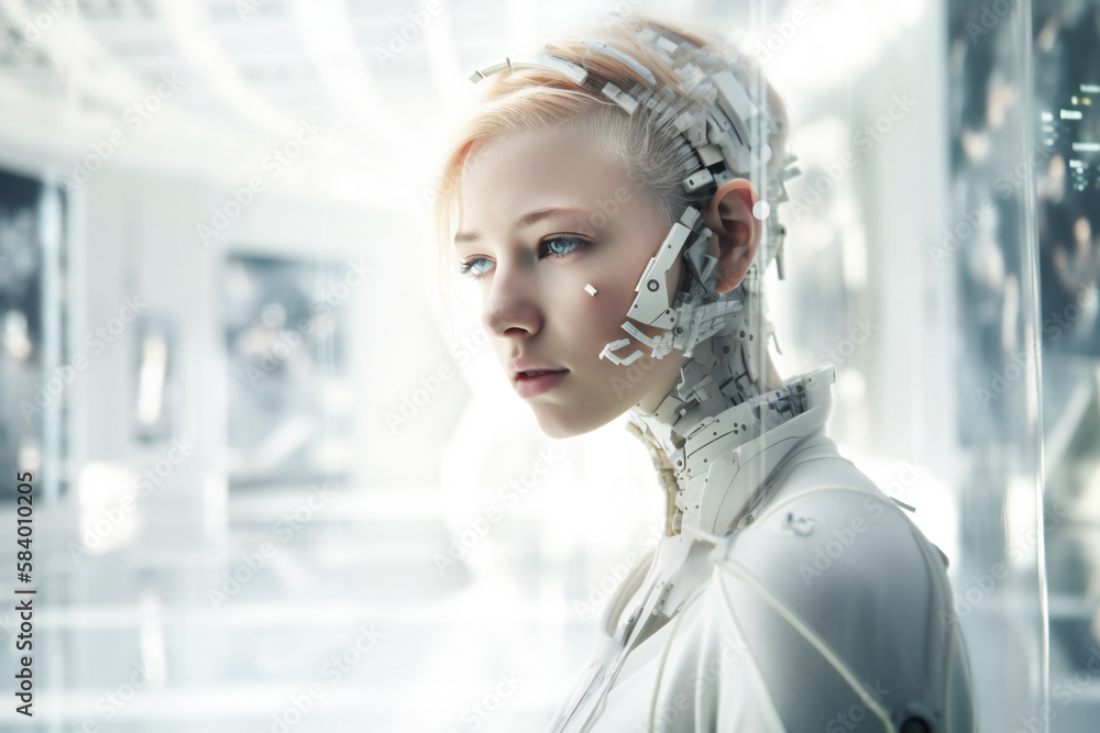 Poster illustration of a beautiful female white android head. robotic and artificial intelligence concept. 