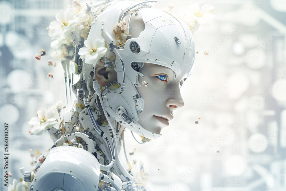 Poster illustration of a beautiful female white android head. robotic and artificial intelligence concept. 