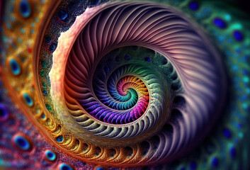 Colorful spiral, fantasy color swirls, surreal fractal, light fractal, vortex, symbol on dark background. Generative Ai.