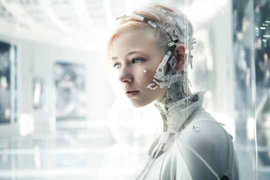 Illustration of a beautiful female white android head. Robotic and artificial intelligence concept. Bright composition. Created with Generative AI technology.