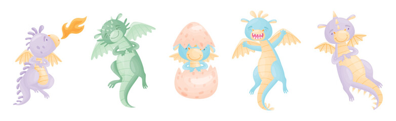 Cute Dragons as Horned and Winged Four-legged Creature from Fairytale Vector Set