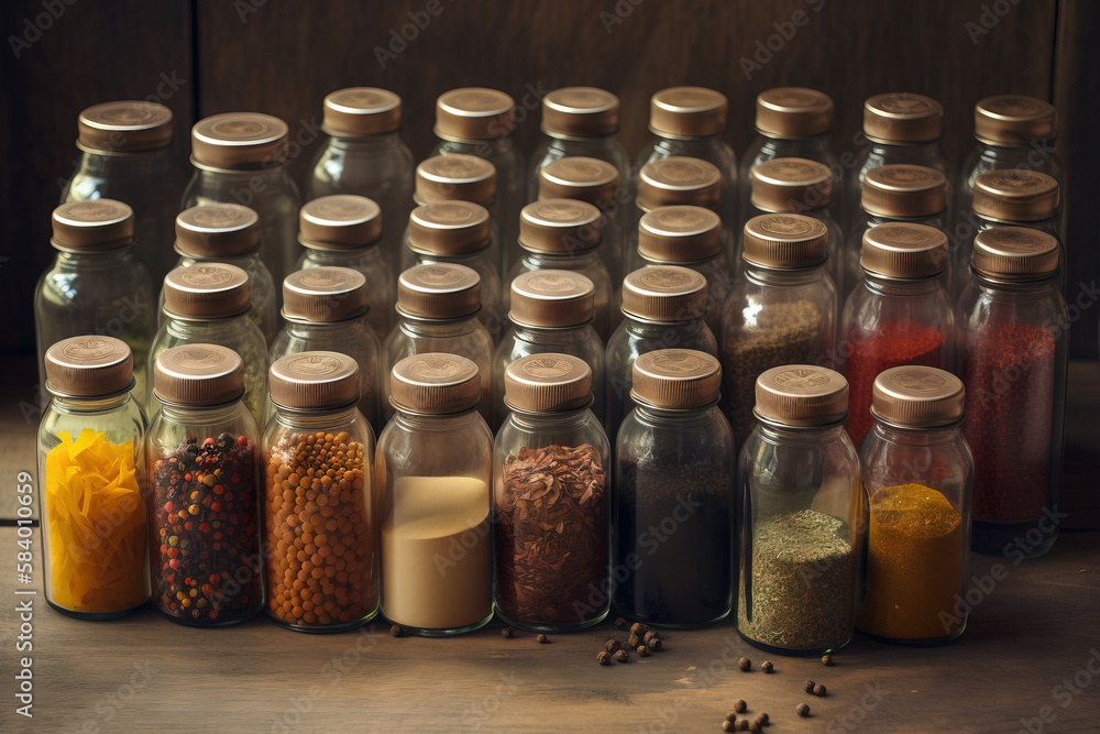 Poster a group of glass bottles filled with different types of spices. generative ai