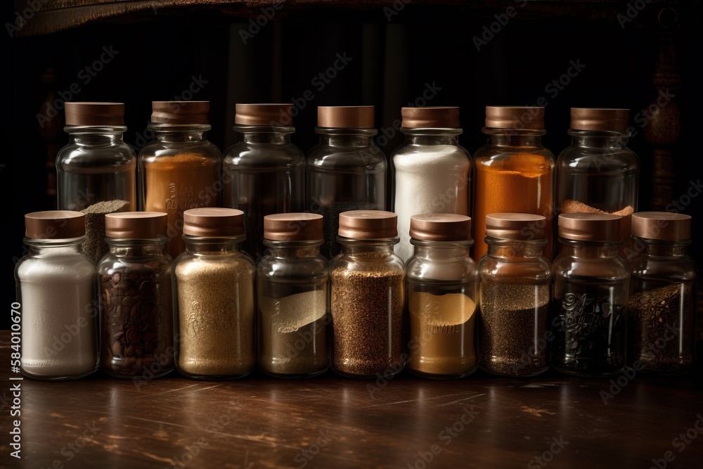 Aufkleber a group of bottles filled with different types of spices on a table. generative ai