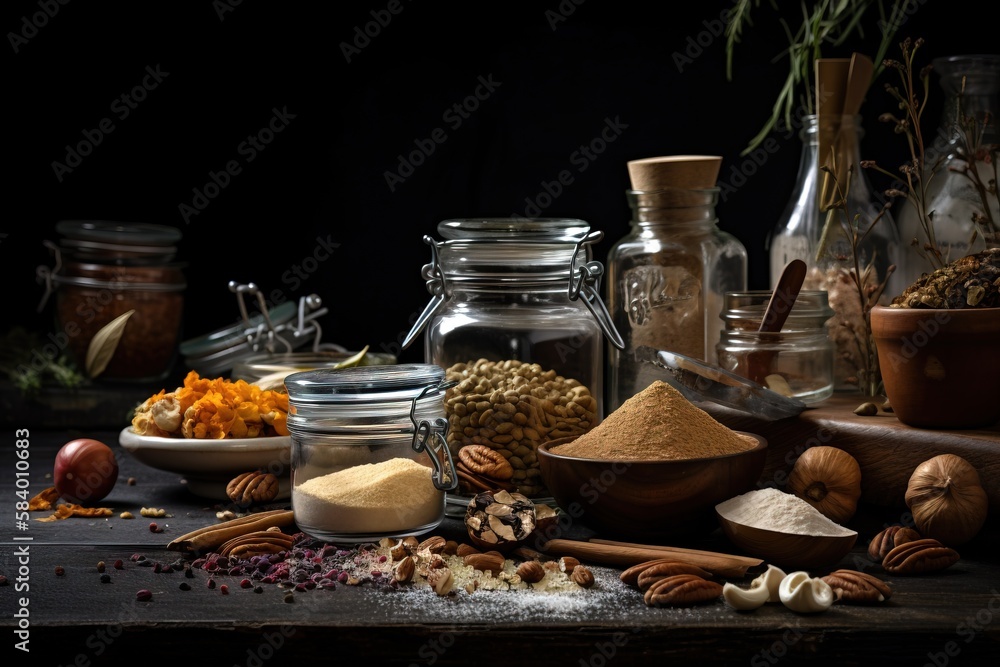 Poster a table topped with lots of different types of spices and jars. generative ai