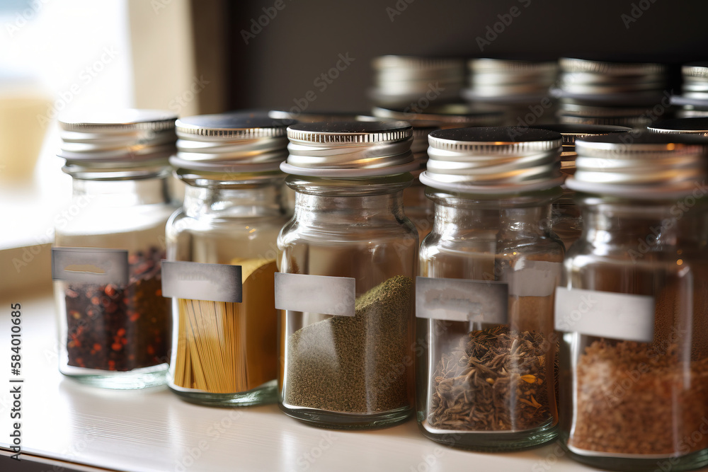 Poster a row of glass jars filled with different types of spices. generative ai