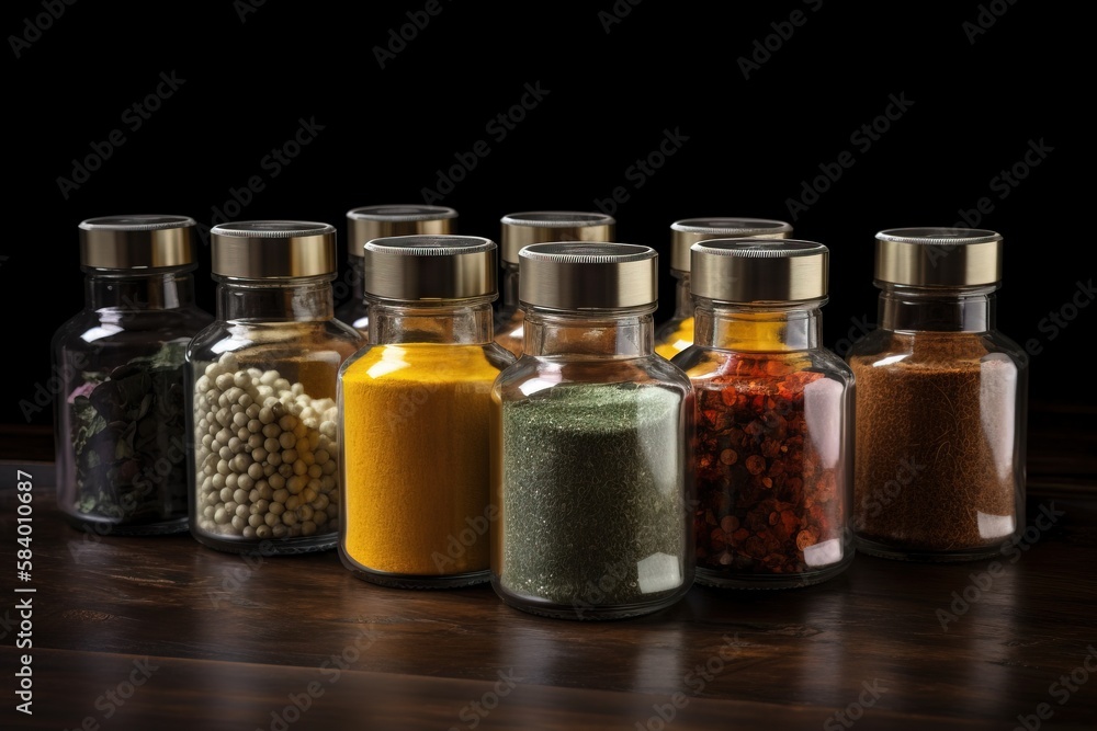 Poster a row of glass bottles filled with different types of spices. generative ai