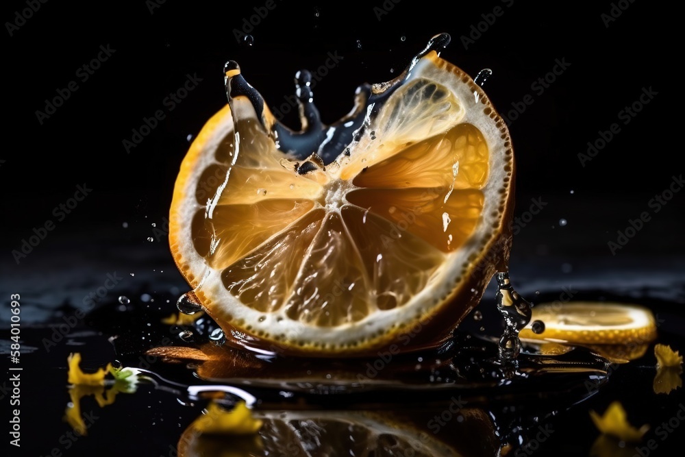 Poster an orange is cut in half with water splashing on it. generative ai